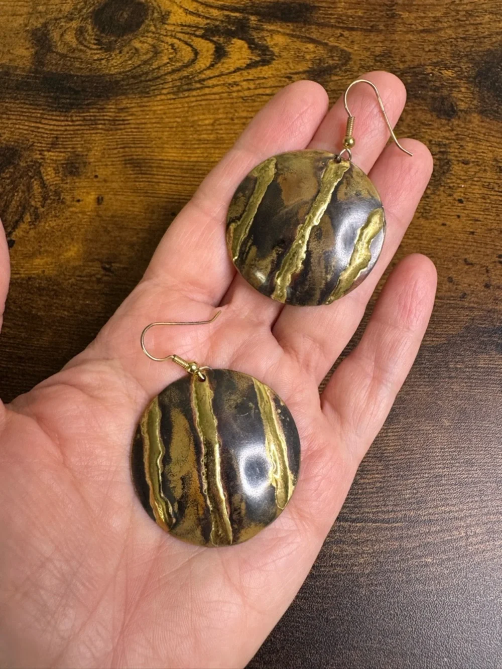 🍄Hand Crafted Gold Textured Round Drop Earrings - Copper and Brass - Picture 2 of 8